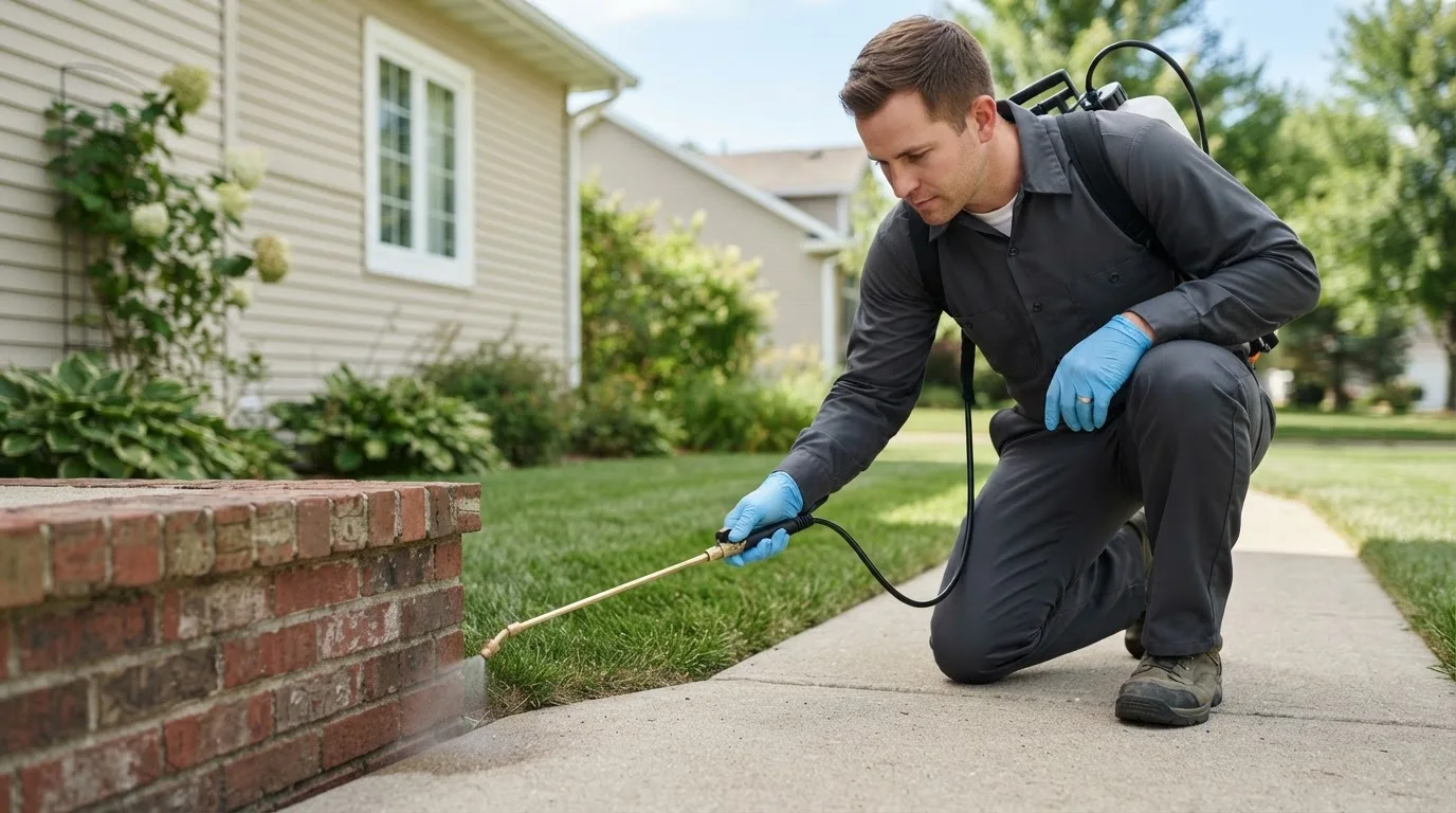 Pest control technician treating a home near Skidmore, MO