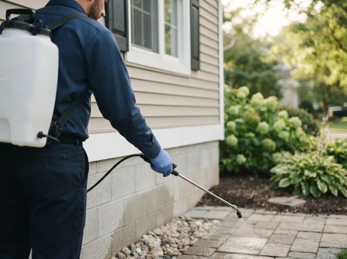 Pest control technician inspecting a home in Skidmore, MO